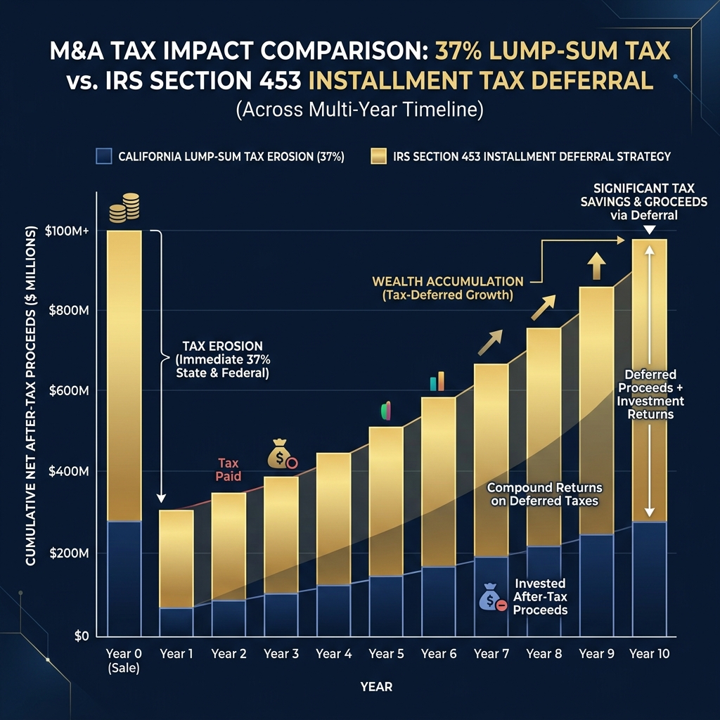 Comparison chart showing 37 percent lump sum tax erosion vs IRS Section 453 installment tax deferral