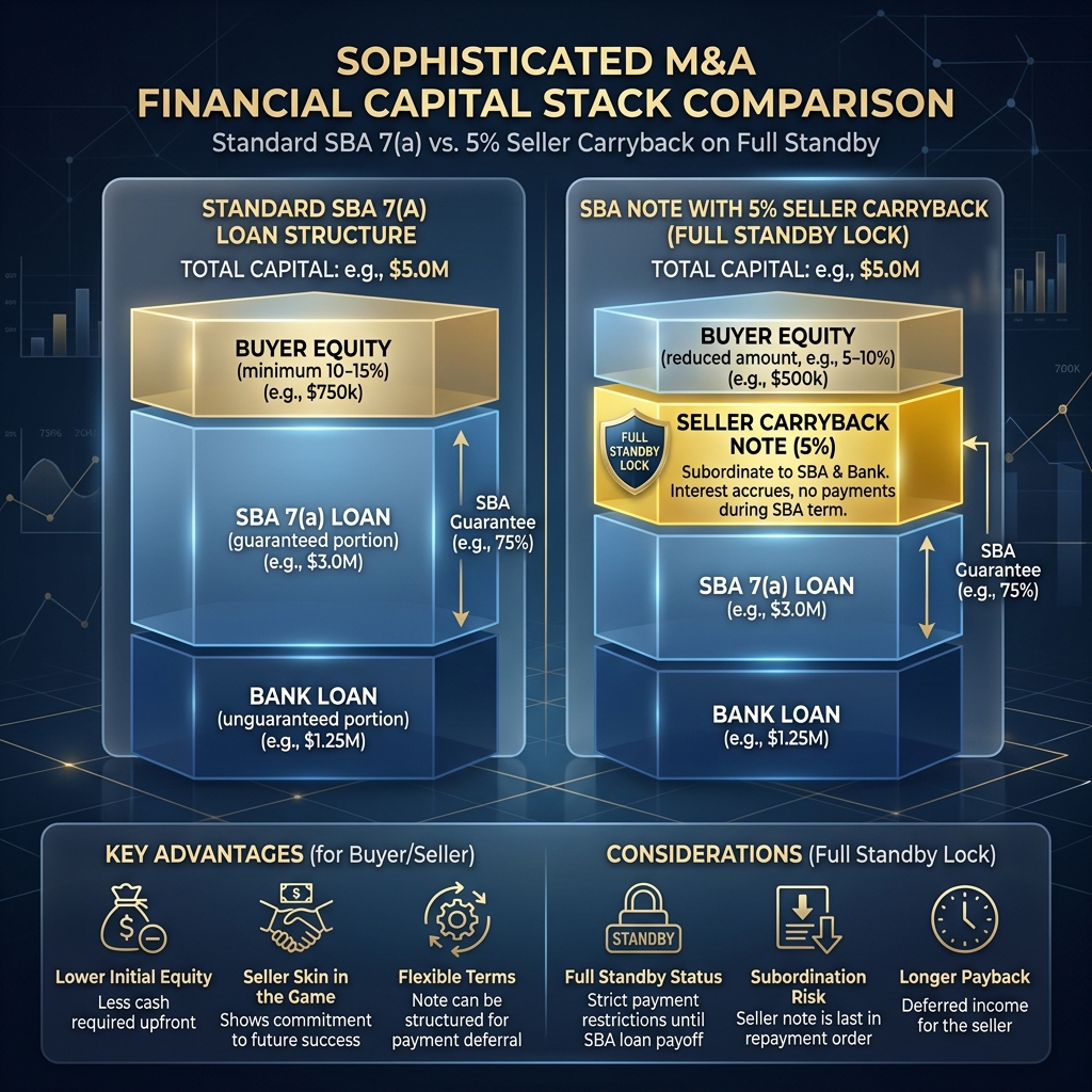 Capital stack diagram illustrating SBA 7a 90-10 leverage vs 5 percent seller carryback on full standby