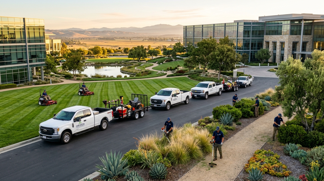 Western US Commercial Landscaping Fleet and Grounds Management Operations at Dawn