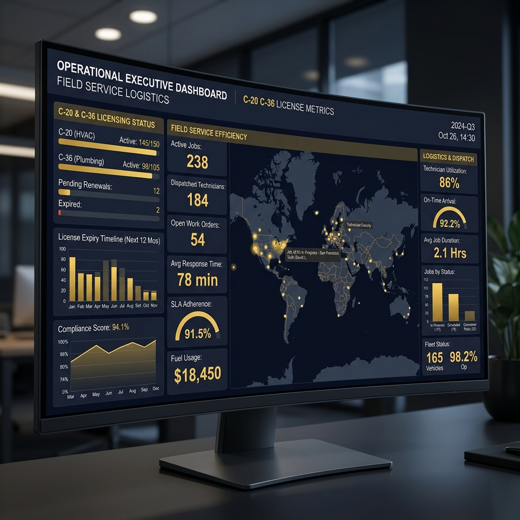 Operational Executive Dashboard showing field service logistics and licensing moats