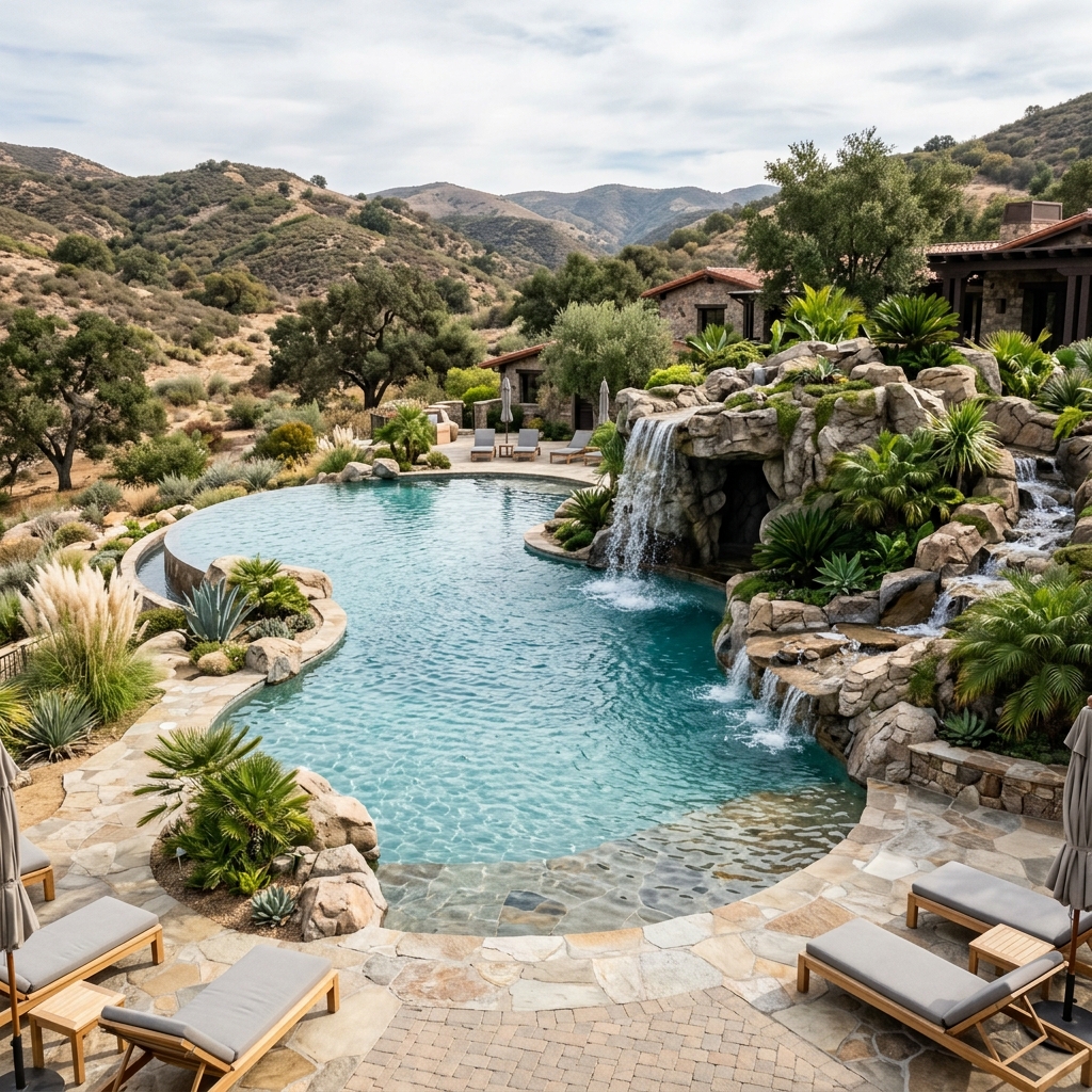 Custom synthetic rock waterfall and aquatic grotto installation in Placer County CA