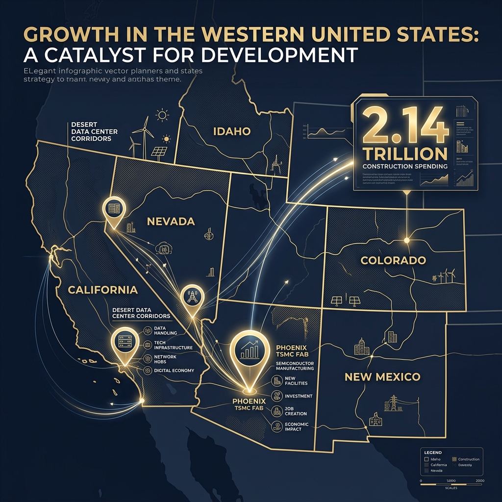 Western US M&A Theater Map highlighting $2.14 Trillion construction spending catalyst zones